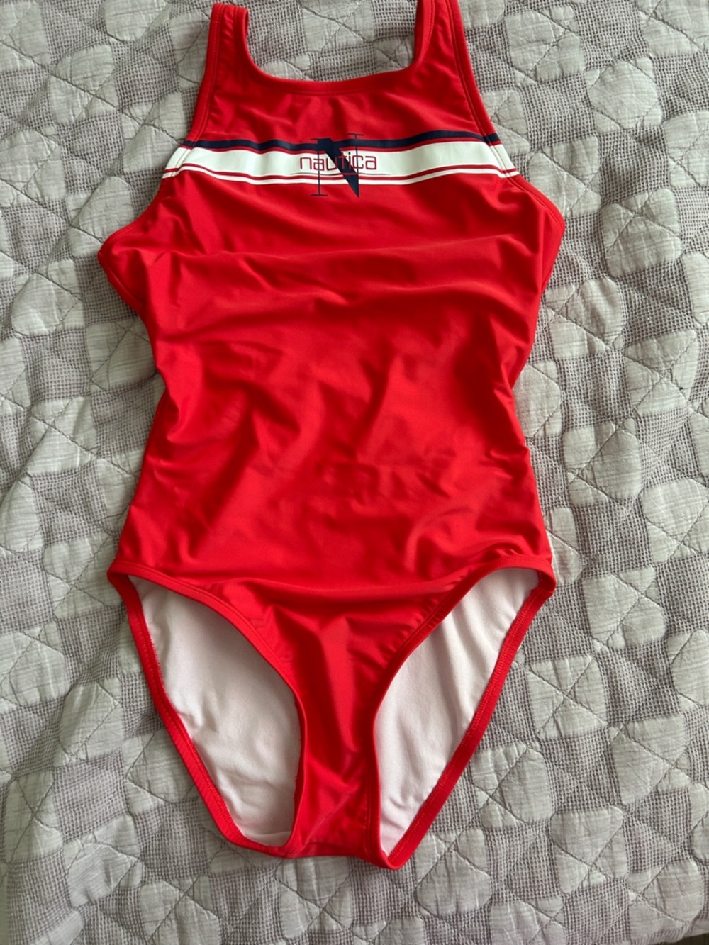 Nautica Red Scoop-Back One-Piece Swimsuit with White and Navy Stripe